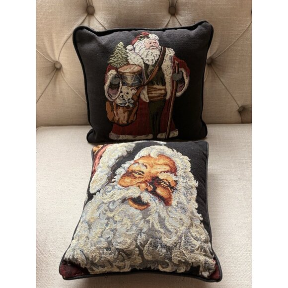 2 Santa Christmas Tapestry Pillows Black Background  Vintage Style 12” Each - Picture 2 of 12
